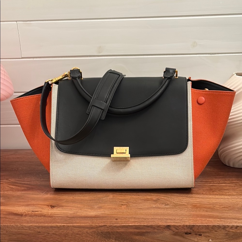 Celine authentic Trapeze Black, Cream and orange Women's Bag canvas and leather